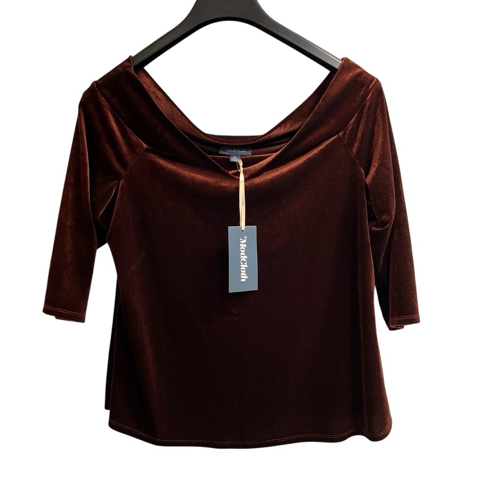 Modcloth Top Womens 1X Cafe Parfait Brown Velvet Velour Off Shoulder Event Party